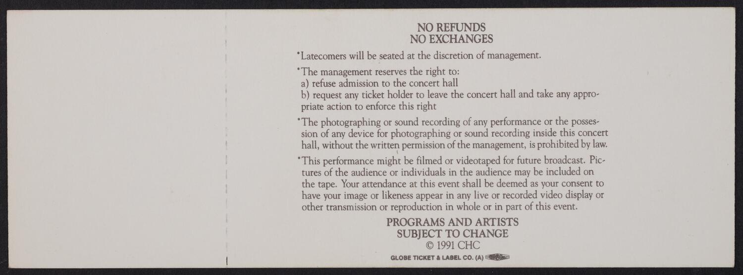 Ticket for the Carnegie Hall Centennial Gala, May 5, 1991 (back)