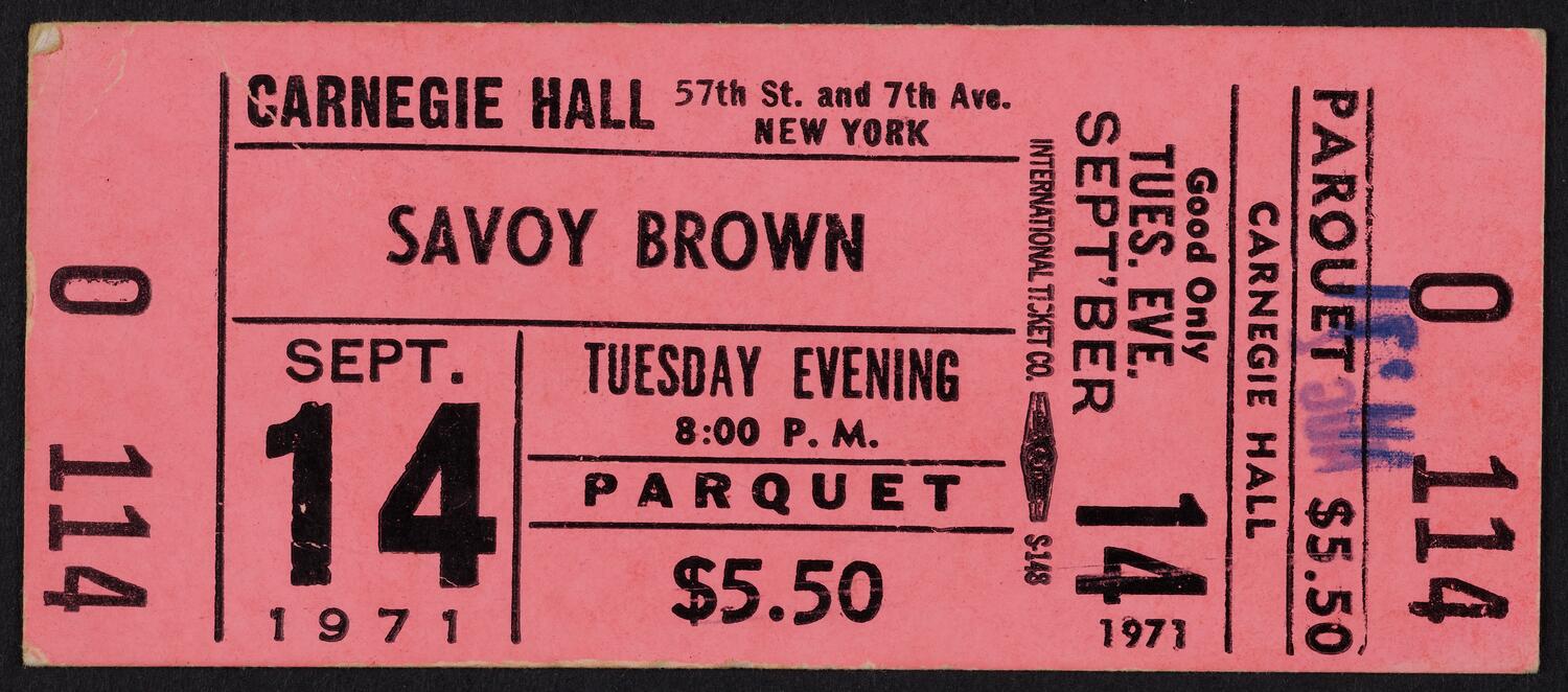 Ticket for Savoy Brown, September 14, 1971 (front)