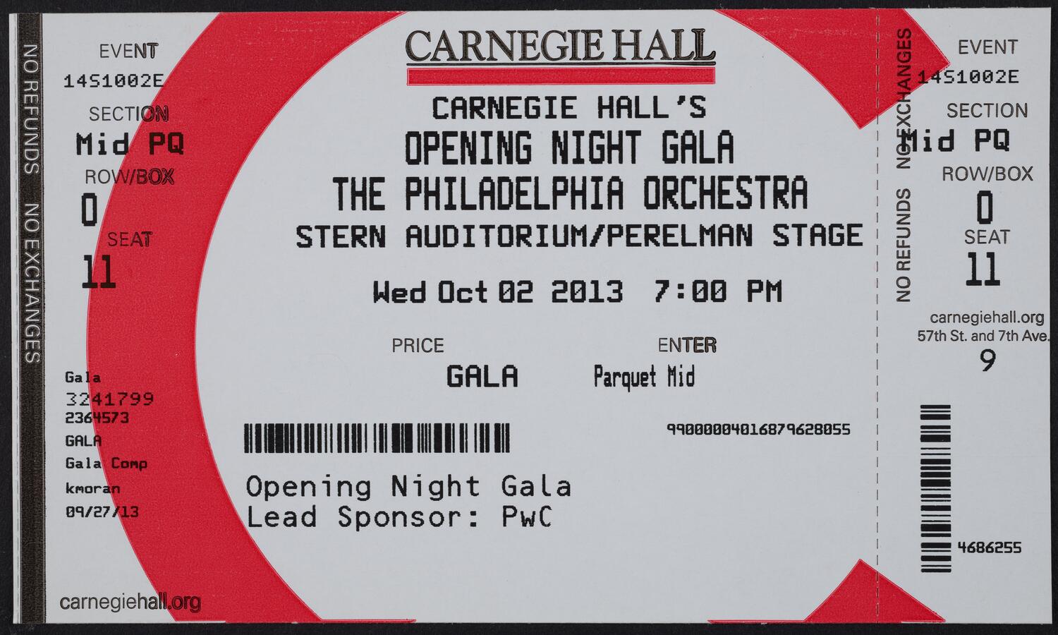 Ticket for Carnegie Hall's Opening Night Gala: The Philadelphia Orchestra, October 2, 2013 (front)