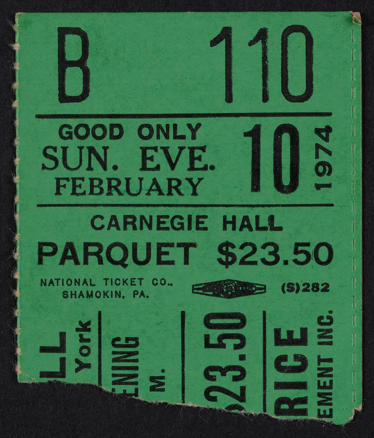 Ticket for Leontyne Price, February 10, 1974 (front)