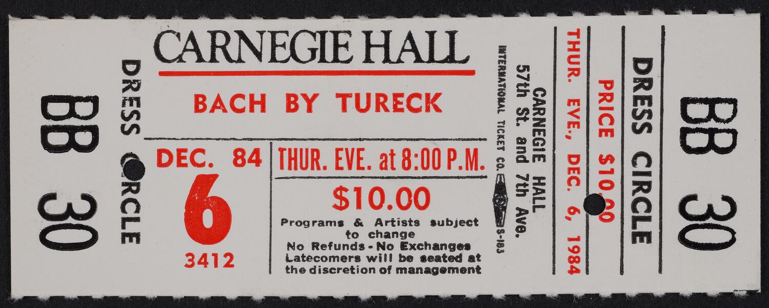 Ticket for Bach by Rosalyn Tureck, December 6, 1984 (front)
