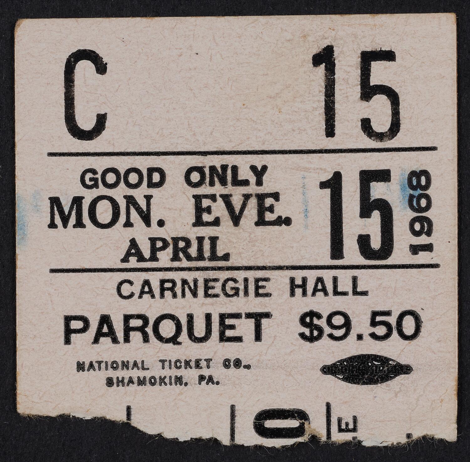 Ticket for Piccolo Teatro Musicale of the City of Rome, April 15, 1968 (front)