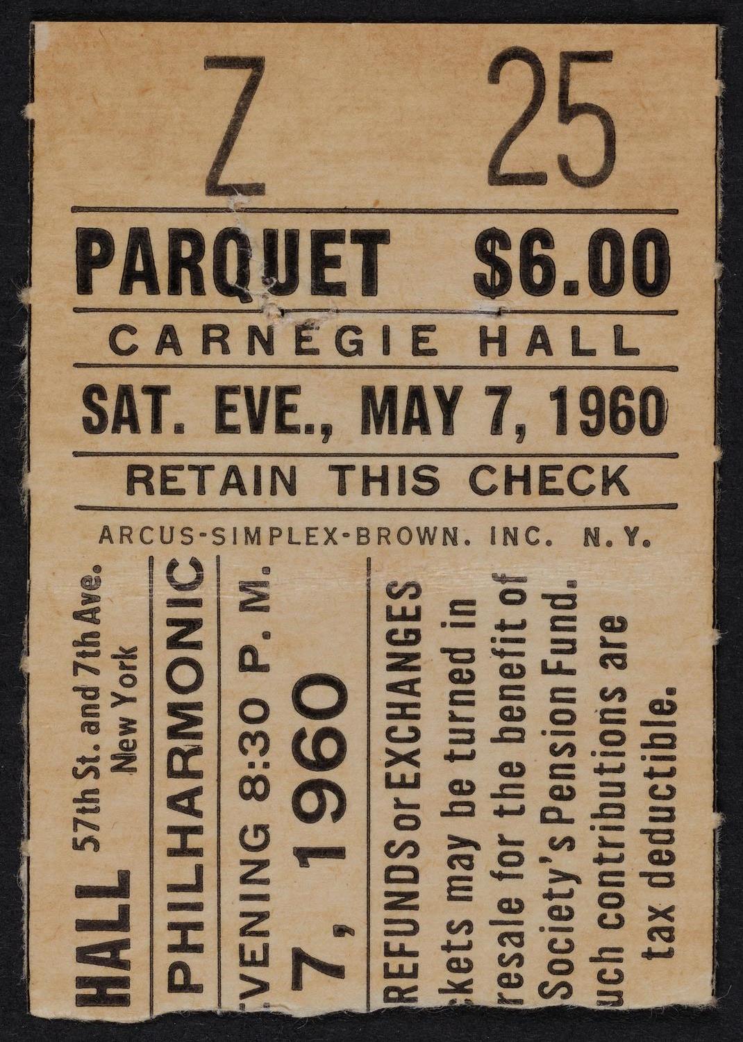 Ticket for New York Philharmonic, May 7, 1960 (front)