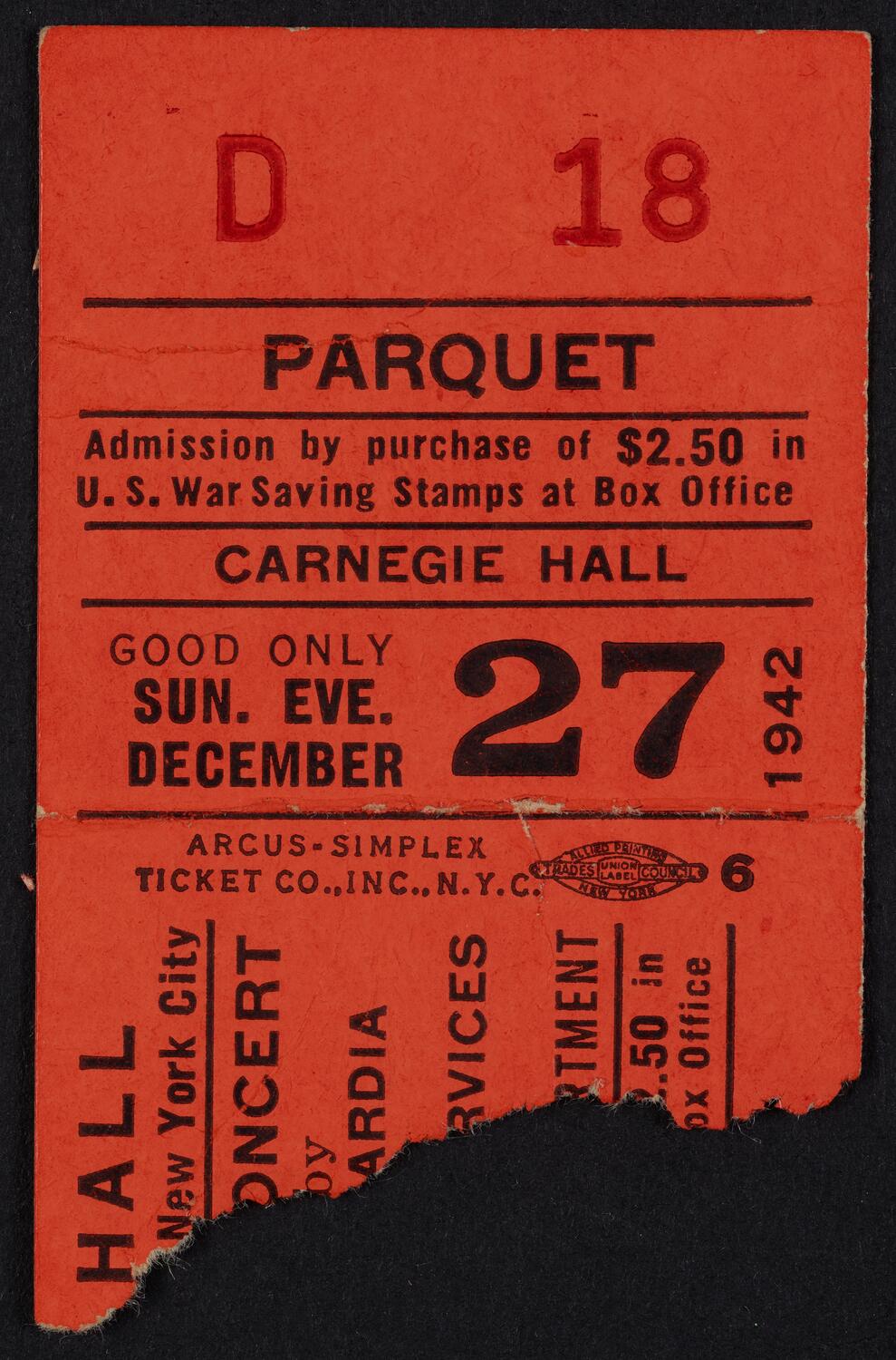 Ticket for WPA Symphony Orchestra, December 27, 1942 (front)