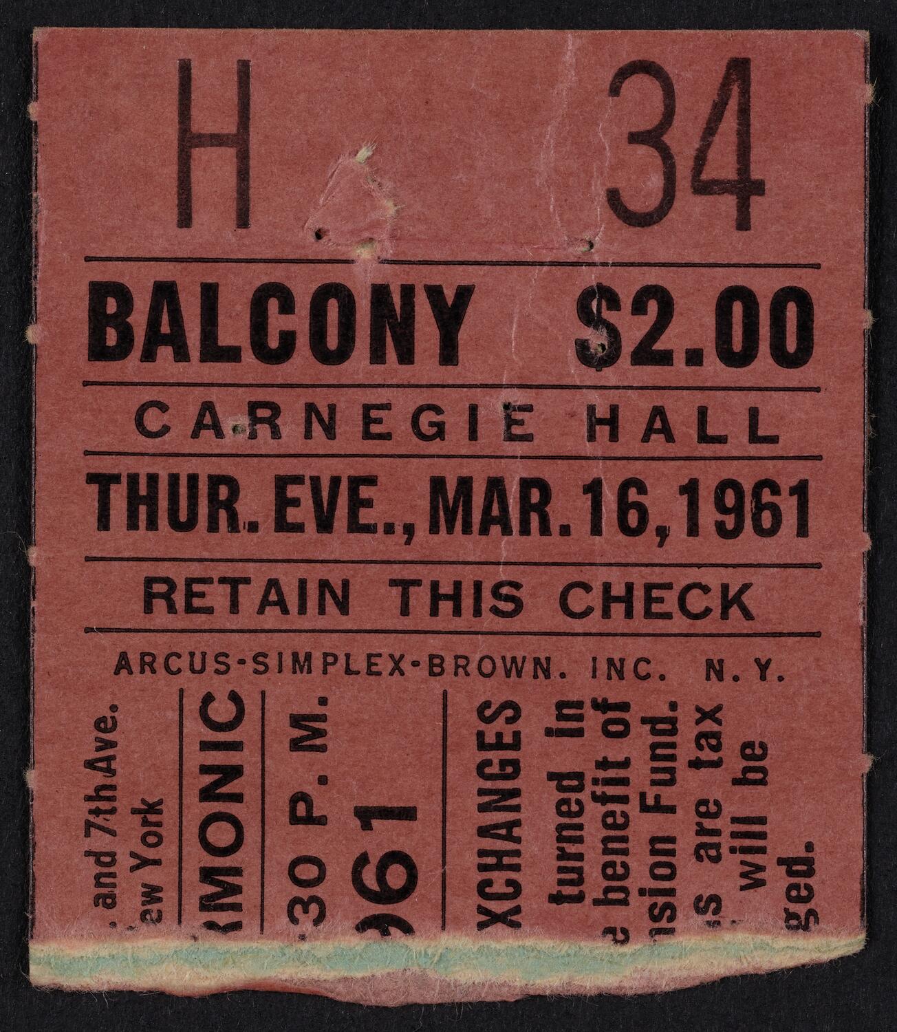 Ticket for New York Philharmonic, March 16, 1961 (front)