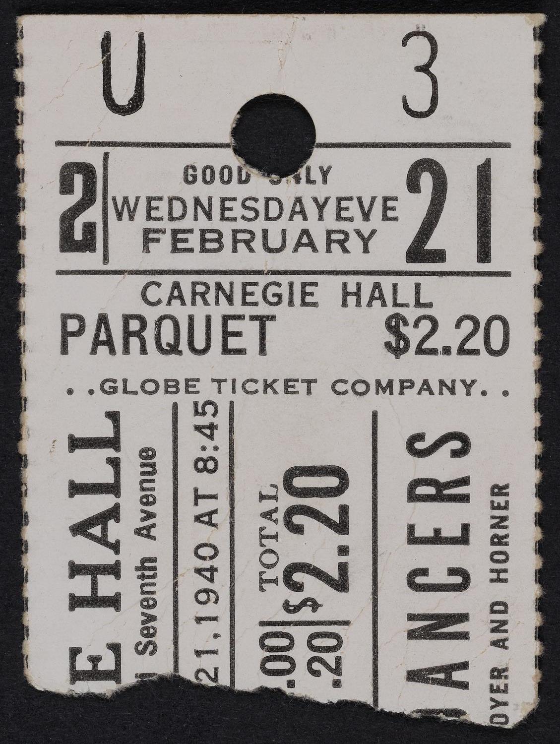 Ticket for Shawn Dancers, February 21, 1940 (front)