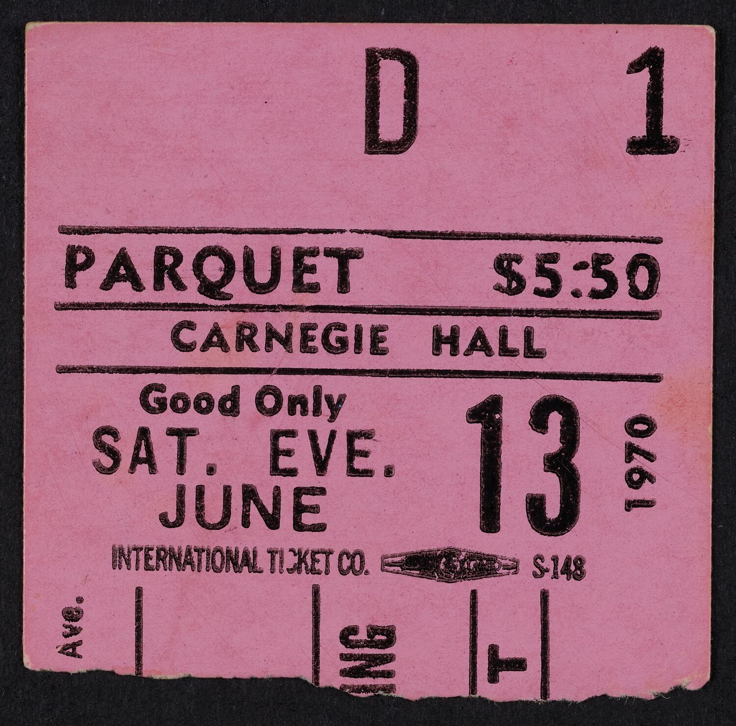 Ticket for Melanie, June 13, 1970 (front)