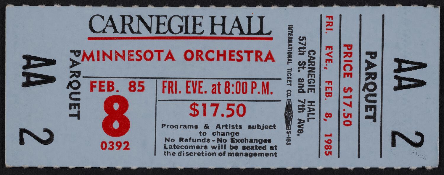 Ticket for Minnesota Orchestra, February 8, 1985 (front)