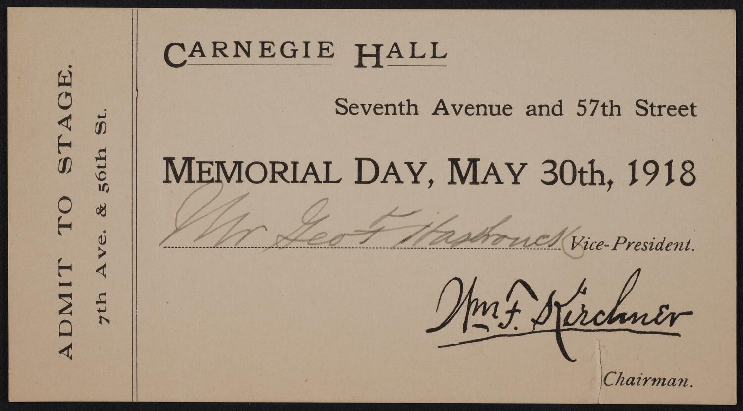 Ticket for Memorial Day Services, May 30, 1918 (front)