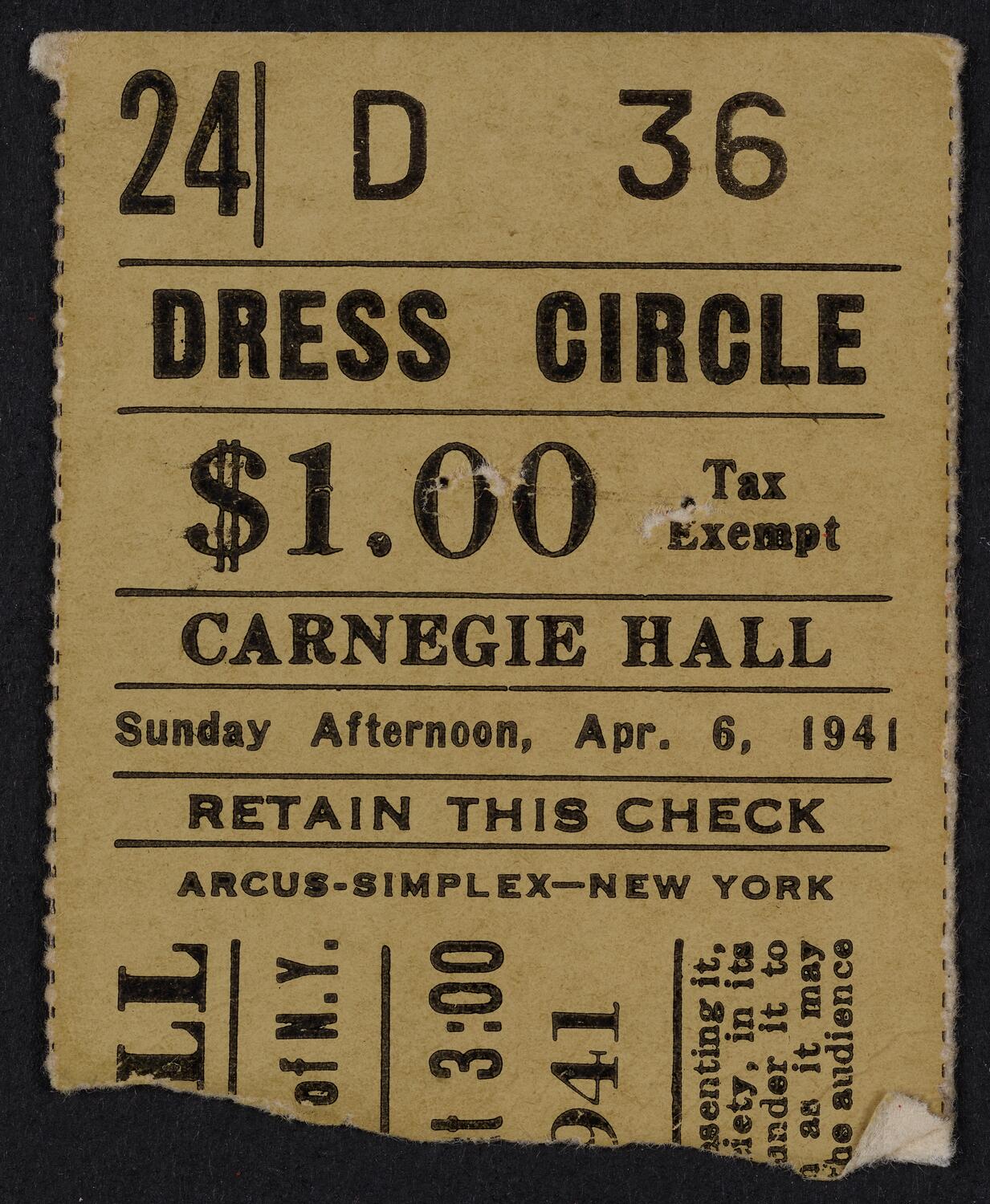 Ticket for Philharmonic-Symphony Society of New York, April 6, 1941 (front)