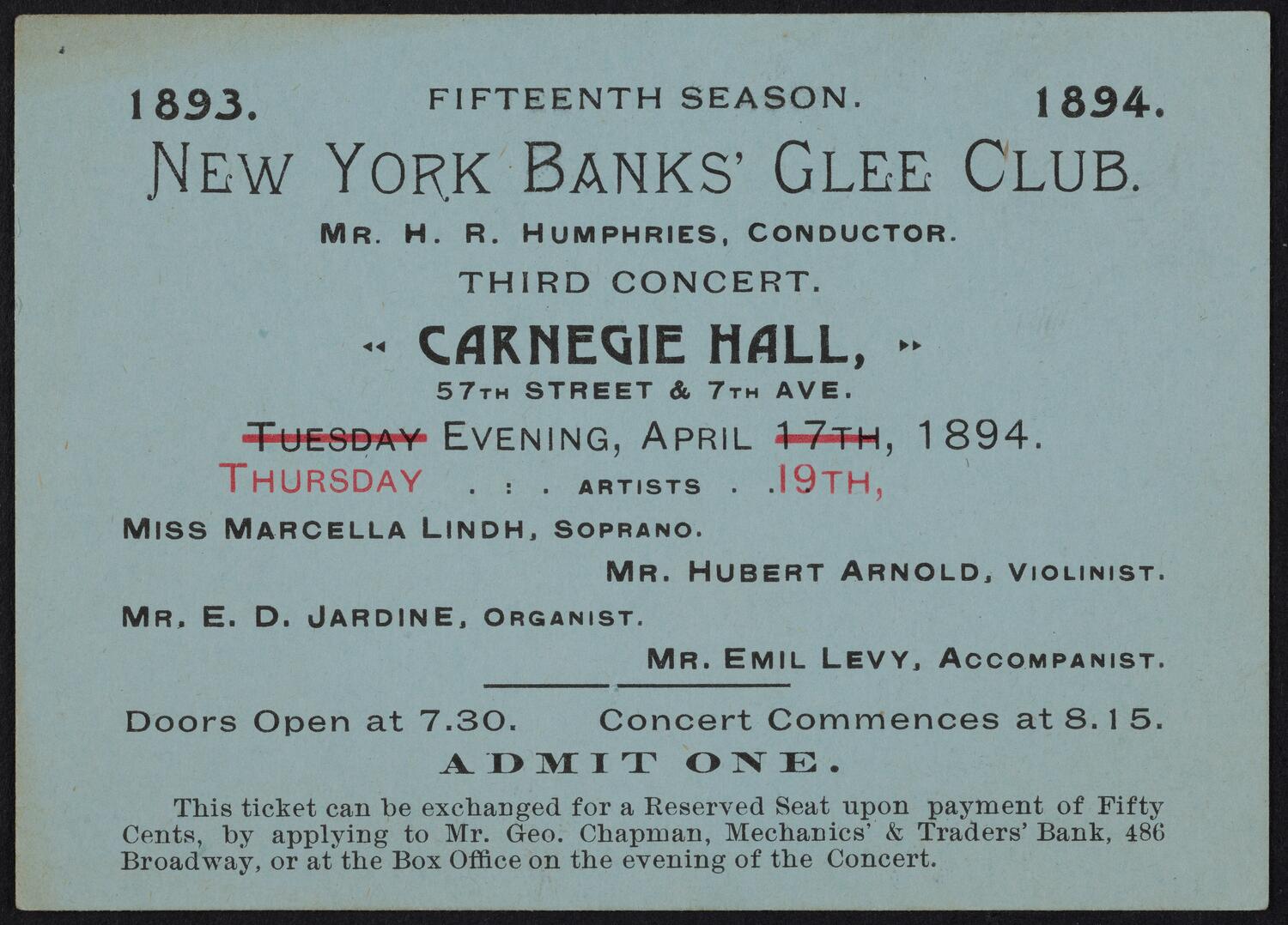 Ticket for New York Banks' Glee Club, April 19, 1894 (front)