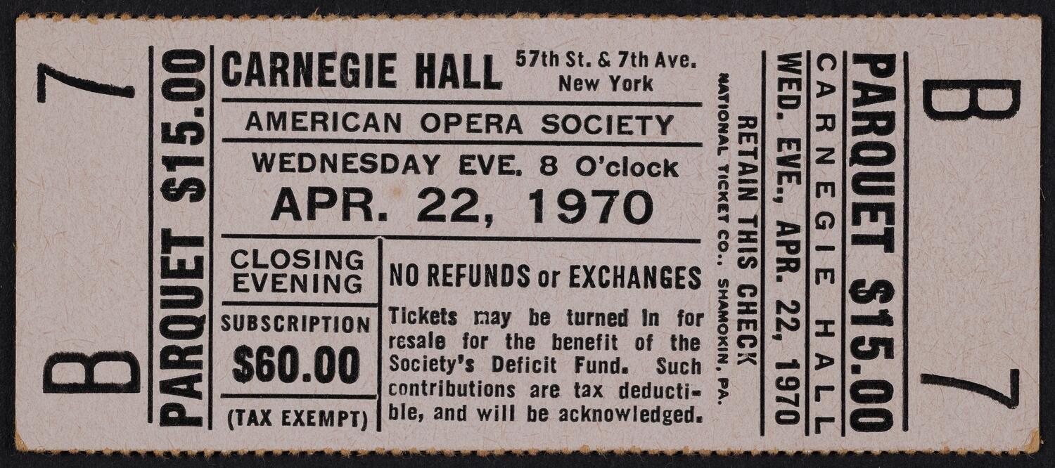 Ticket for American Opera Society, April 22, 1970 (front)