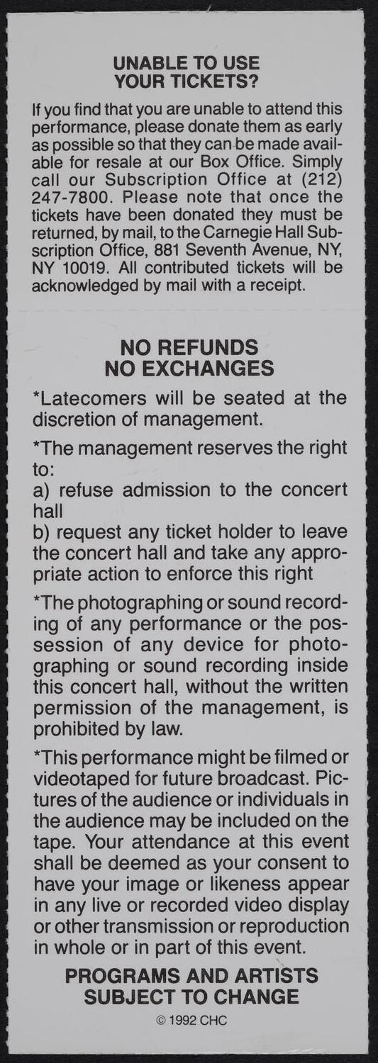 Ticket for American Composers Orchestra, January 24, 1993 (back)