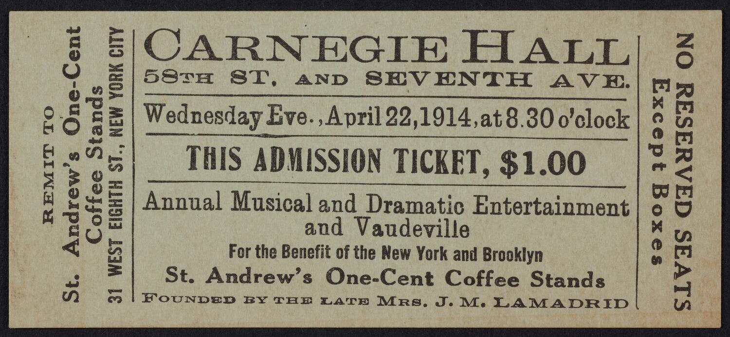 Ticket for St. Andrew's One-Cent Coffee Stands Benefit, April 22, 1914 (front)