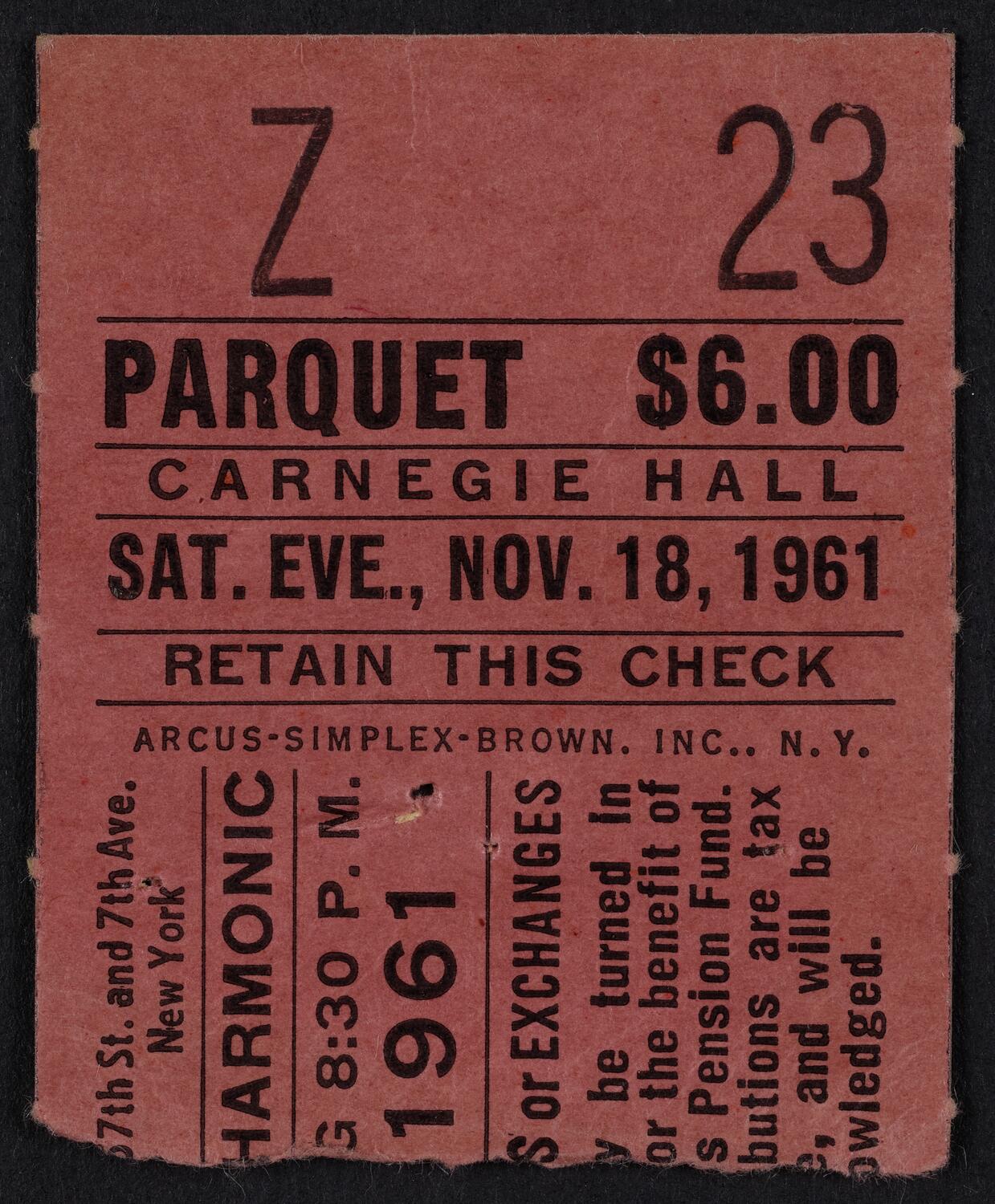Ticket for New York Philharmonic, November 18, 1961 (front)