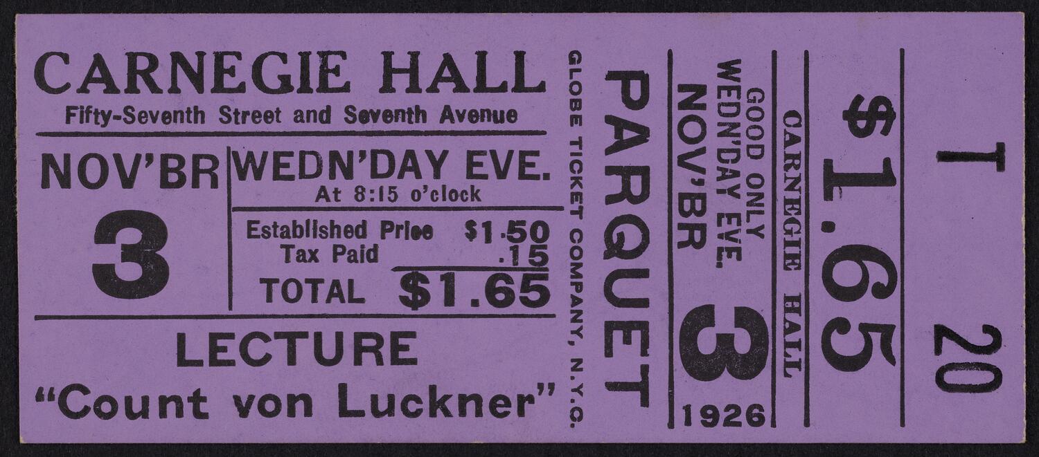 Ticket for Lecture: Count von Luckner, November 3, 1926 (front)