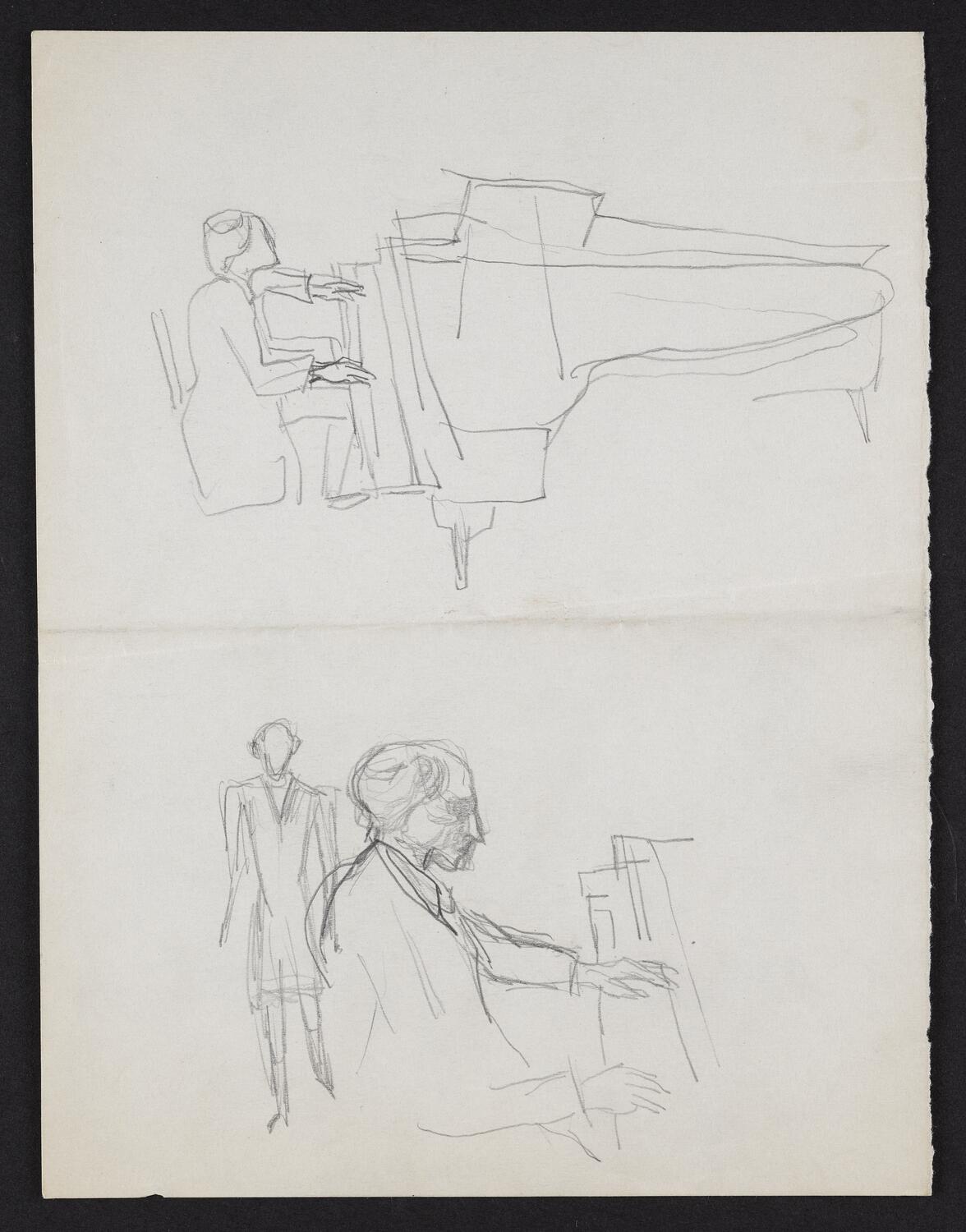 Sketches of figure playing piano, in profile facing right