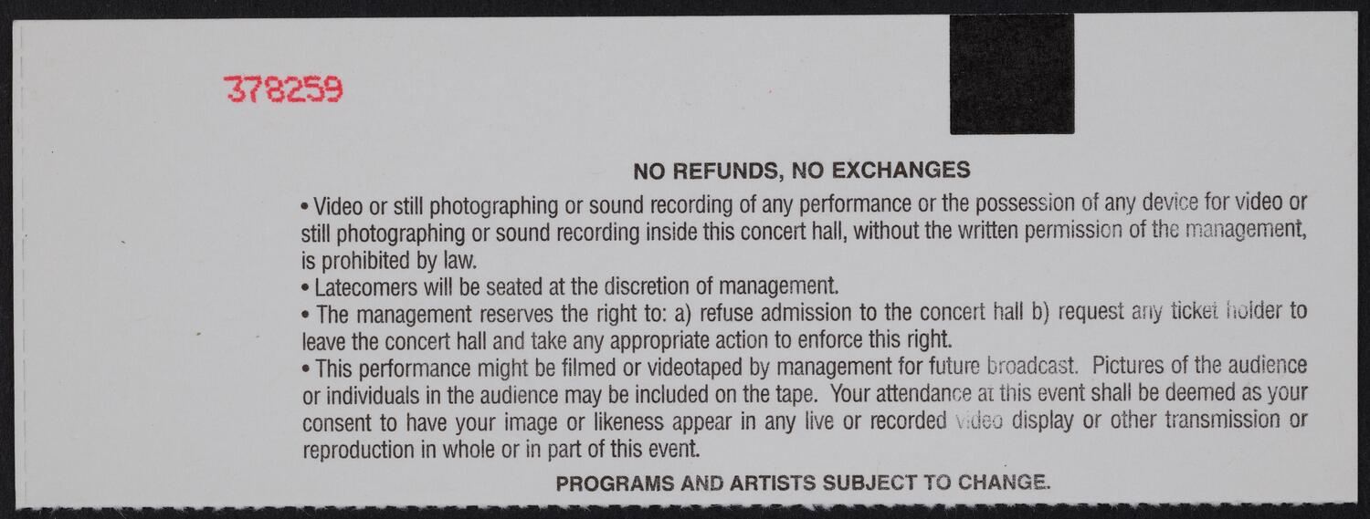 Ticket for Buena Vista Social Club, July 1, 1998 (back)