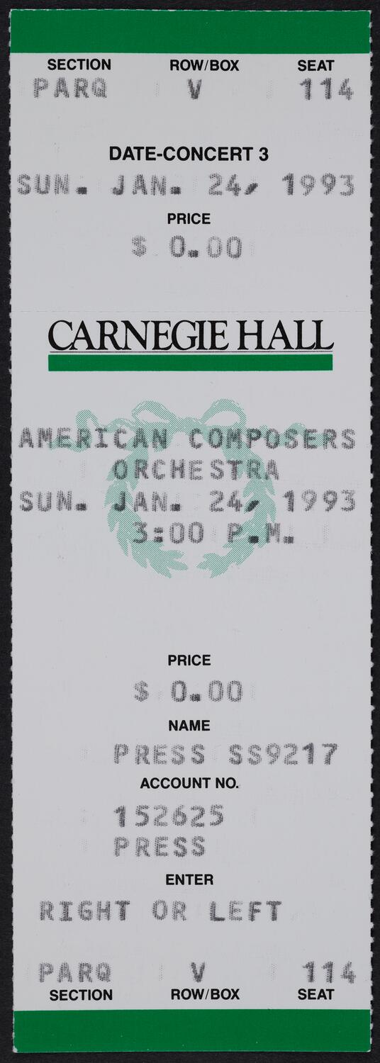 Ticket for American Composers Orchestra, January 24, 1993 (front)