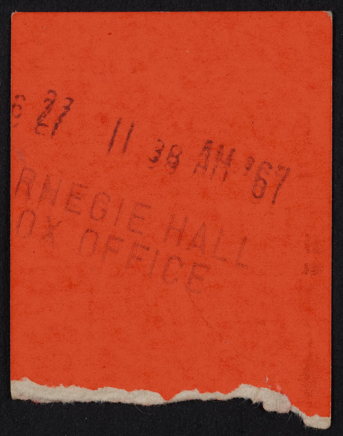 Ticket for New School Concerts: Chamber Orchestra, December 29, 1967 (back)