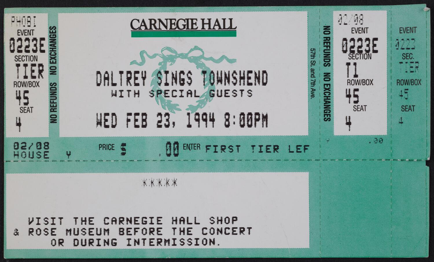 Ticket for Daltrey Sings Townsend, February 23, 1994 (front)