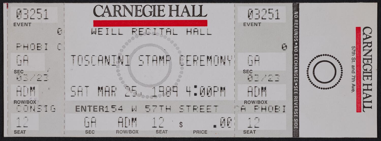 Ticket for Toscanini Stamp Ceremony, March 25, 1989 (front)