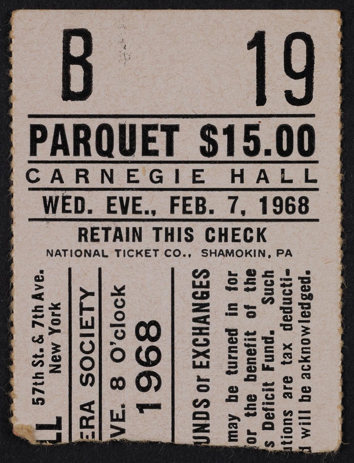 Ticket for American Opera Society, February 7, 1968 (front)