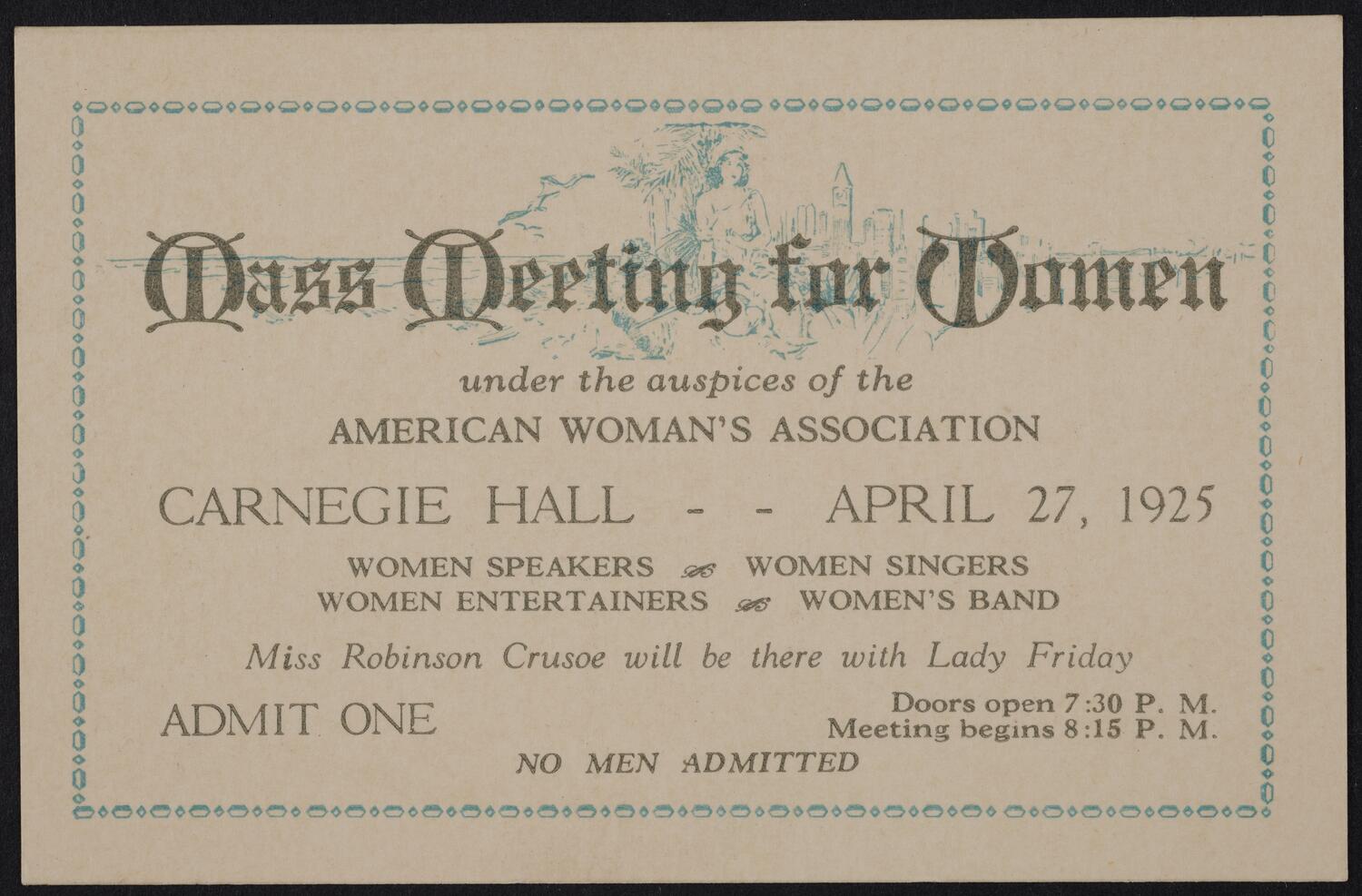 Ticket for Mass Meeting for Women, April 27, 1925 (front)