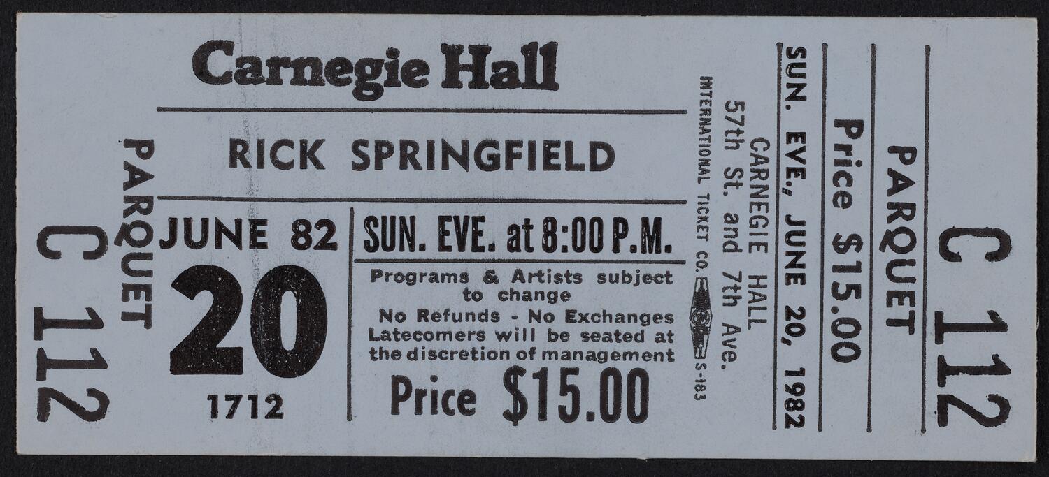 Ticket for Rick Springfield, June 20, 1982 (front)