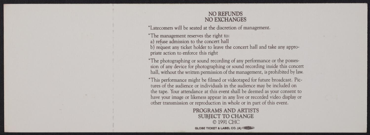 Ticket for the Carnegie Hall Centennial Gala, May 5, 1991 (back)