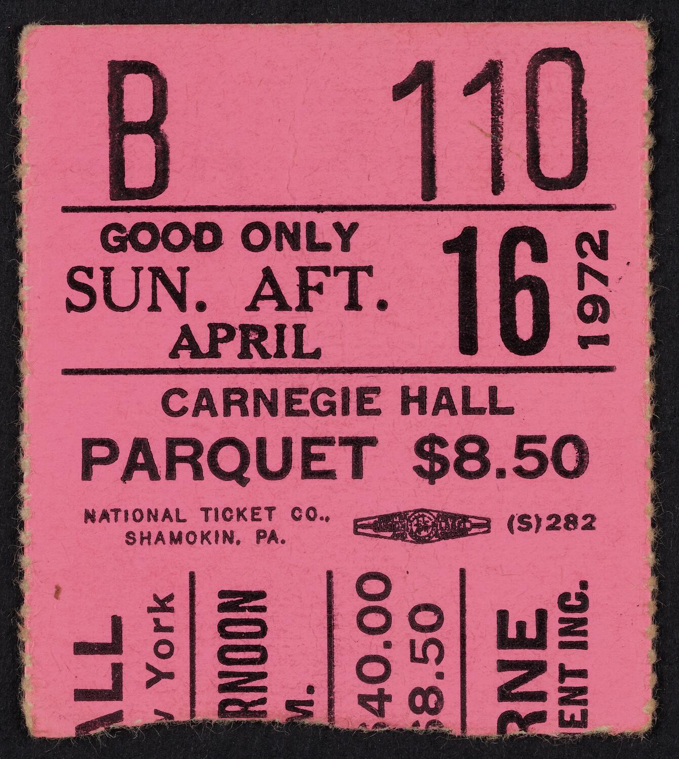Ticket for Marilyn Horne, April 16, 1972 (front)