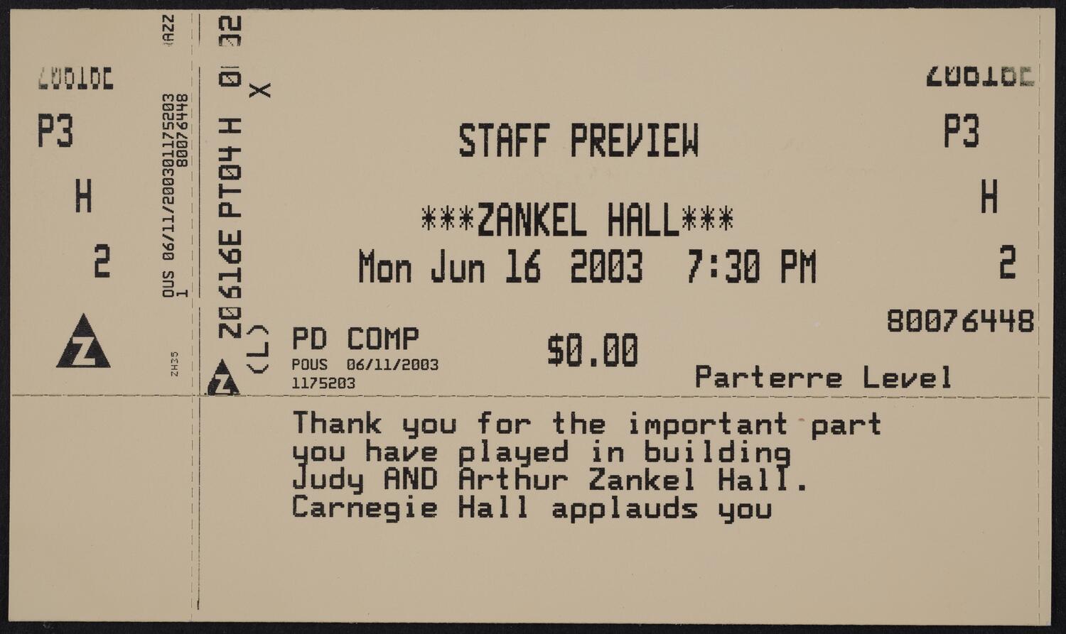 Ticket for Zankel Hall Staff Preview Concert, June 16, 2003 (front)