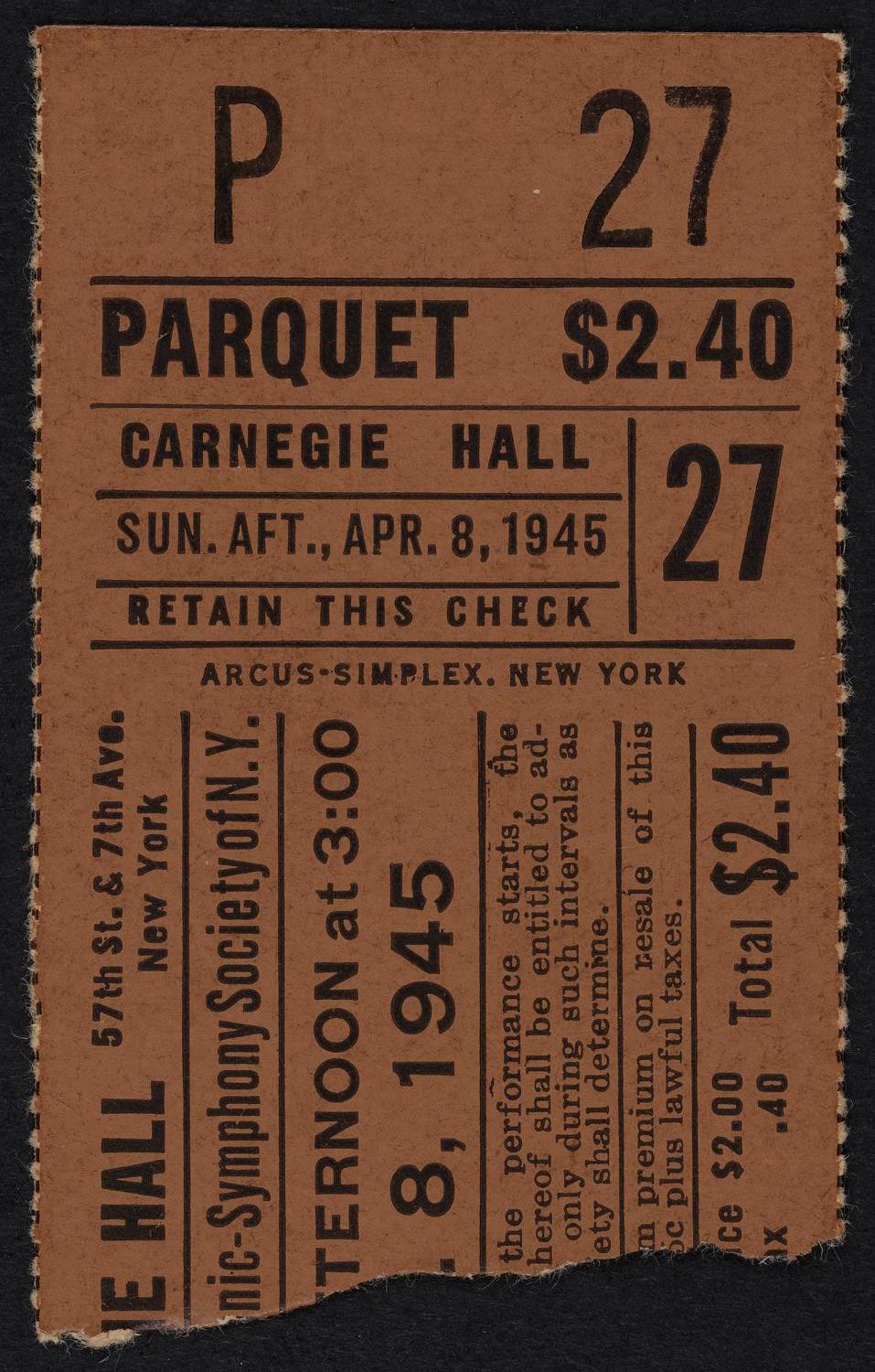 Ticket for Philharmonic-Symphony Society of New York, April 8, 1945 (front)