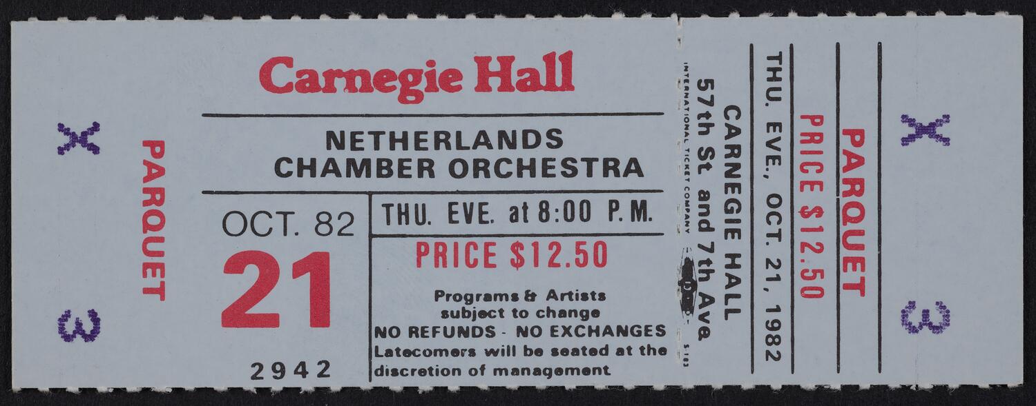Ticket for Netherlands Chamber Orchestra, October 21, 1982 (front)
