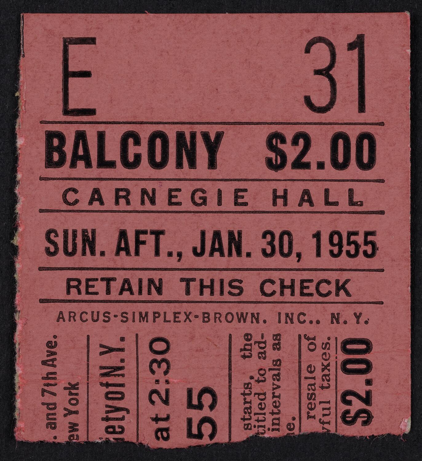 Ticket for New York Philharmonic, January 30, 1955 (front)