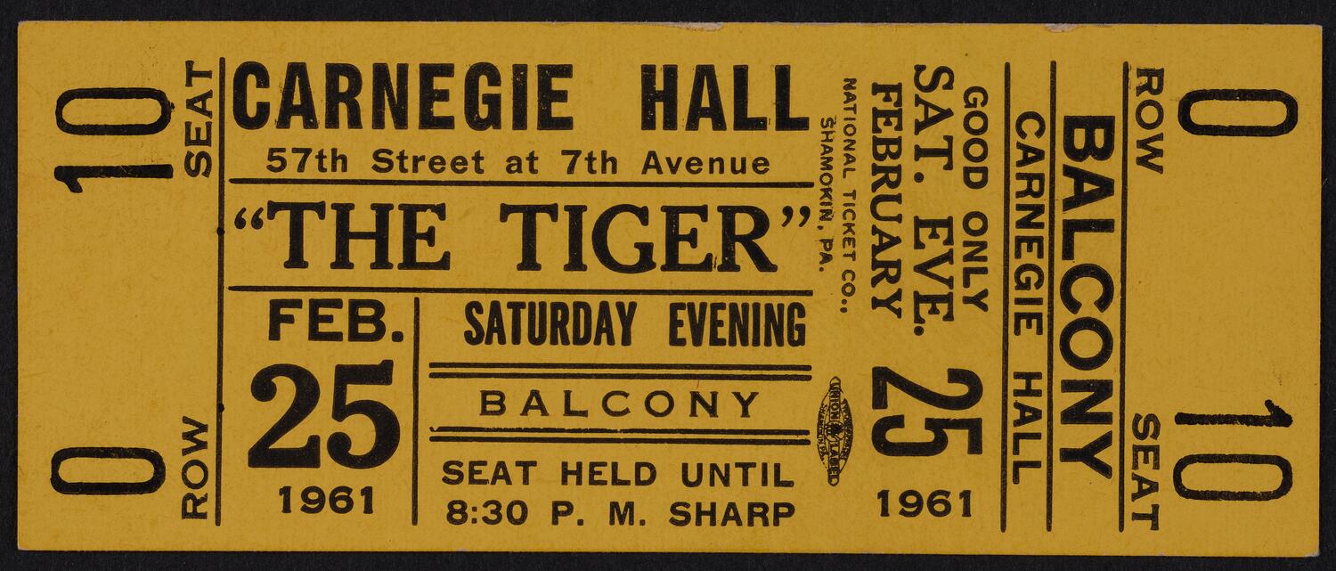 Ticket for The Tiger, February 25, 1961 (front)