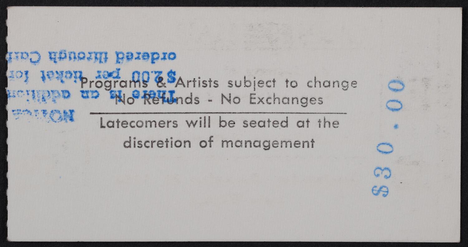 Ticket for An Evening of Victorian Songs and Music, December 31, 1986 (back)
