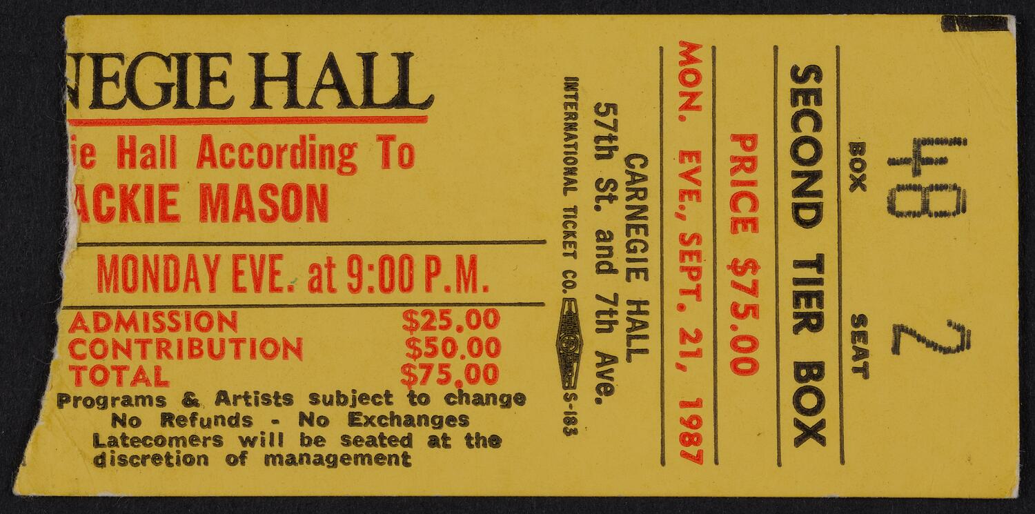 Ticket for The World According to Jackie Mason, September 21, 1987 (front)