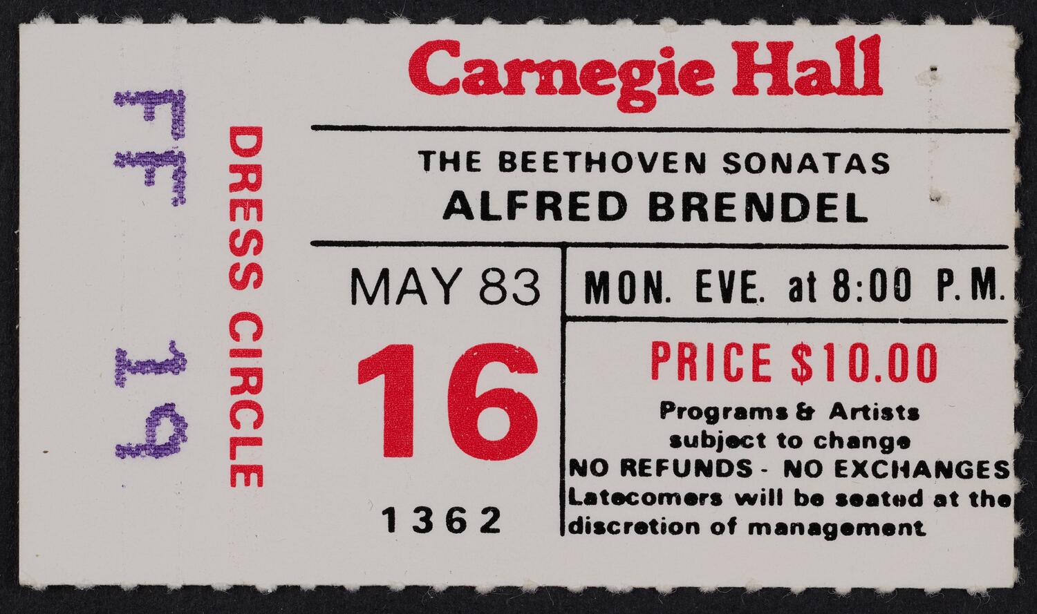 Ticket for Alfred Brendel, May 16, 1983 (front)