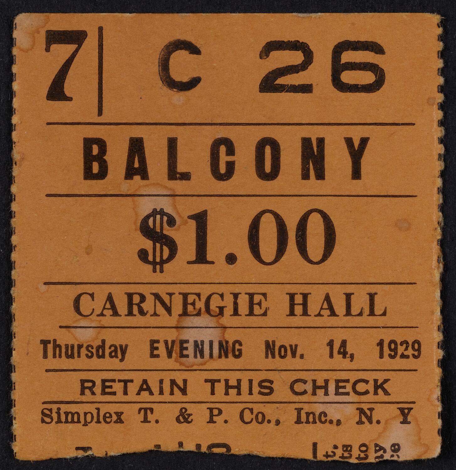 Ticket for Philharmonic Symphony Society of New York, November 14, 1929 (front)