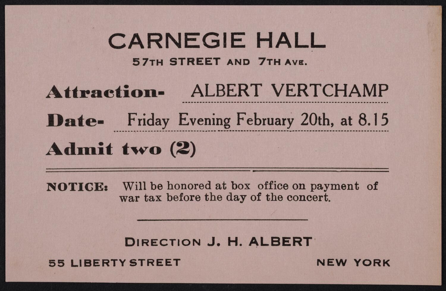 Ticket for Albert Vertchamp, February 20, 1920 (front)
