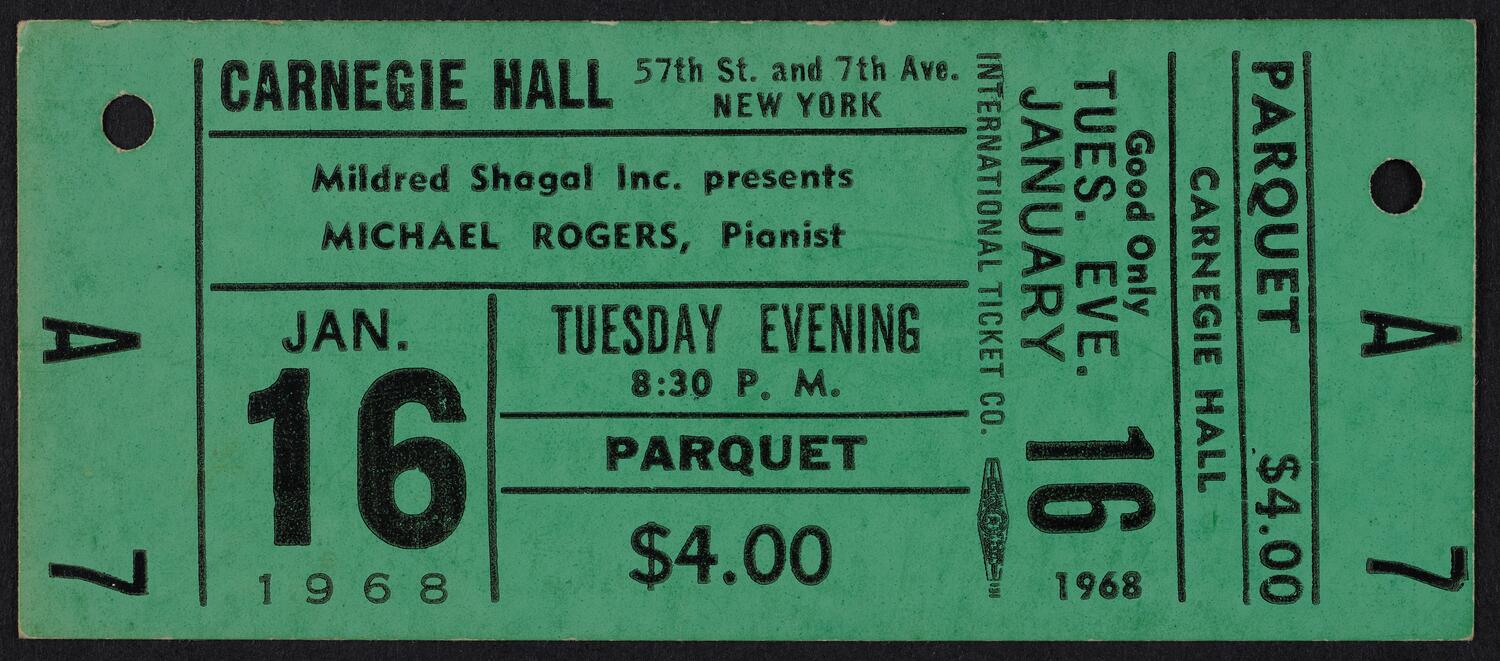 Ticket for Michael Rogers, January 16, 1968 (front)