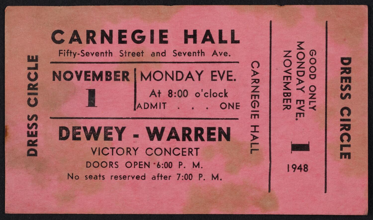 Ticket for Dewey-Warren Victory Concert, November 1, 1948 (front)