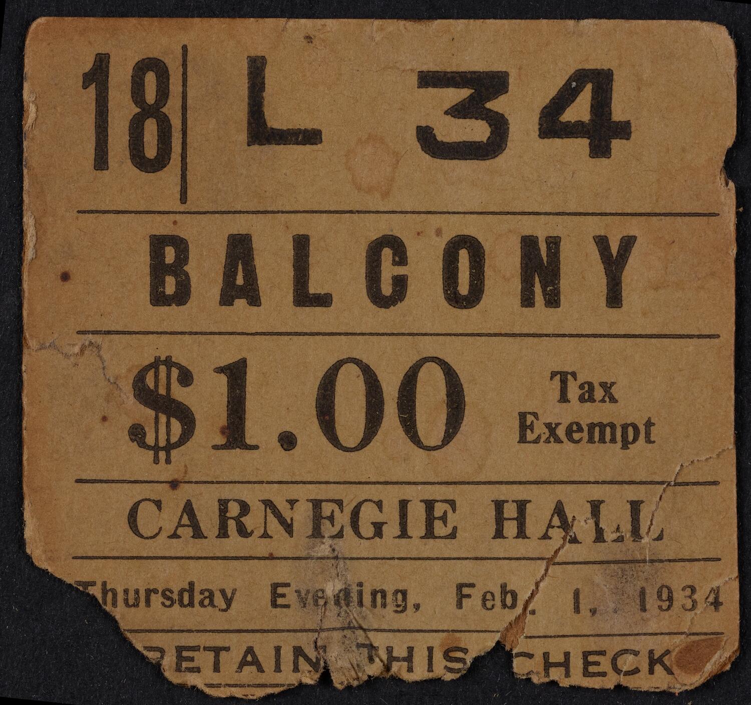 Ticket for Philharmonic Symphony Society of New York, February 1, 1934 (front)
