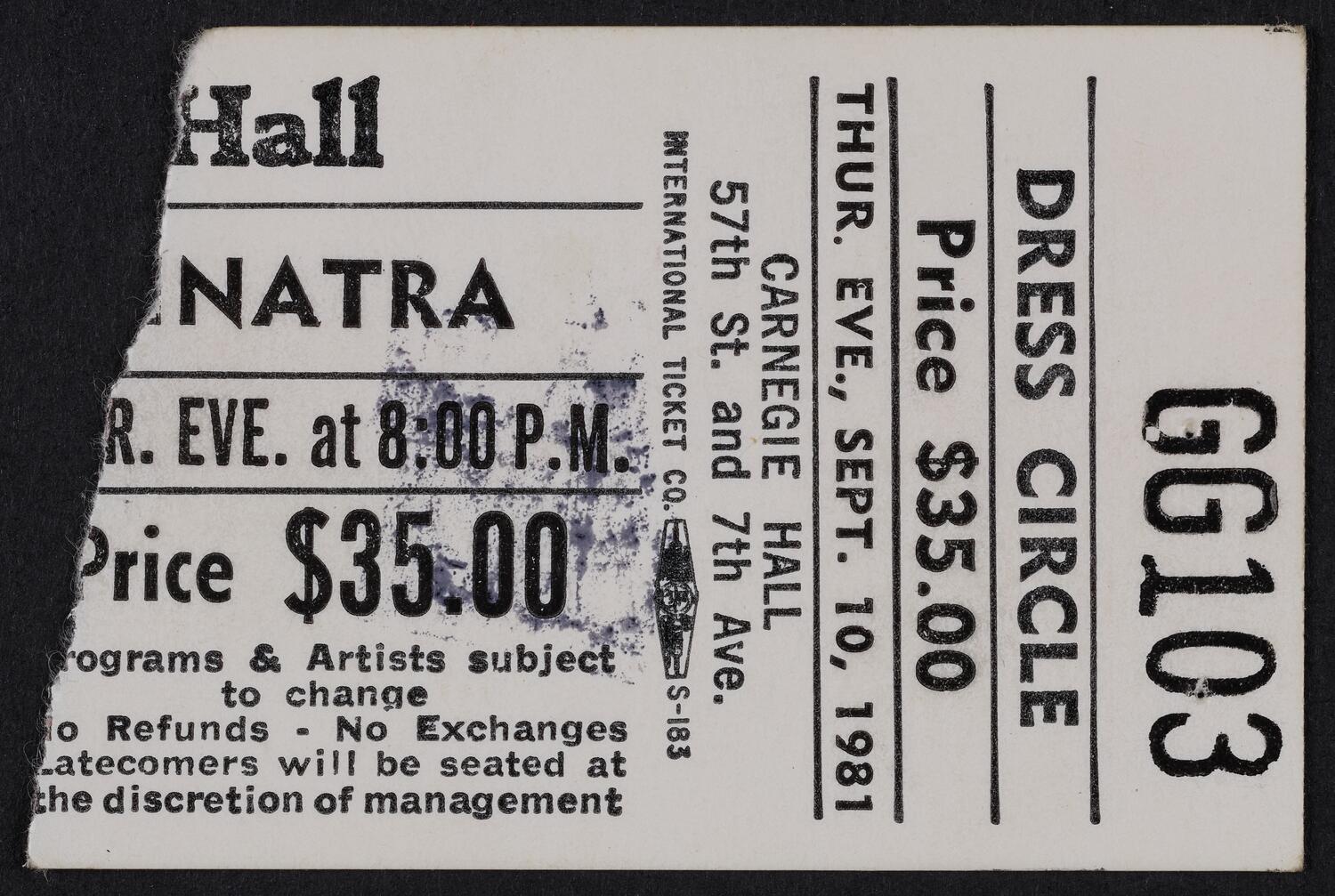 Ticket for Frank Sinatra, September 10, 1981 (front)