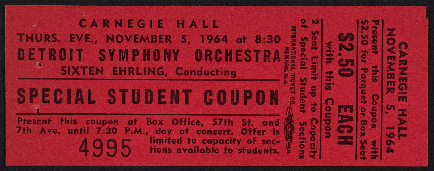 Ticket for Detroit Symphony Orchestra, November 5, 1964 (front)