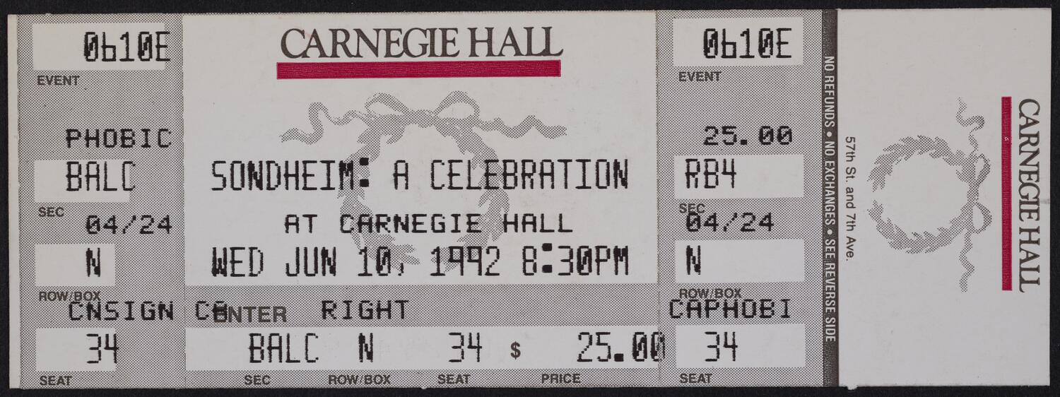 Ticket for Sondheim: A Celebration at Carnegie Hall, June 10, 1992 (front)