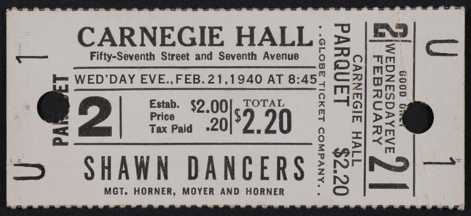 Ticket for Shawn Dancers, February 21, 1940 (front)