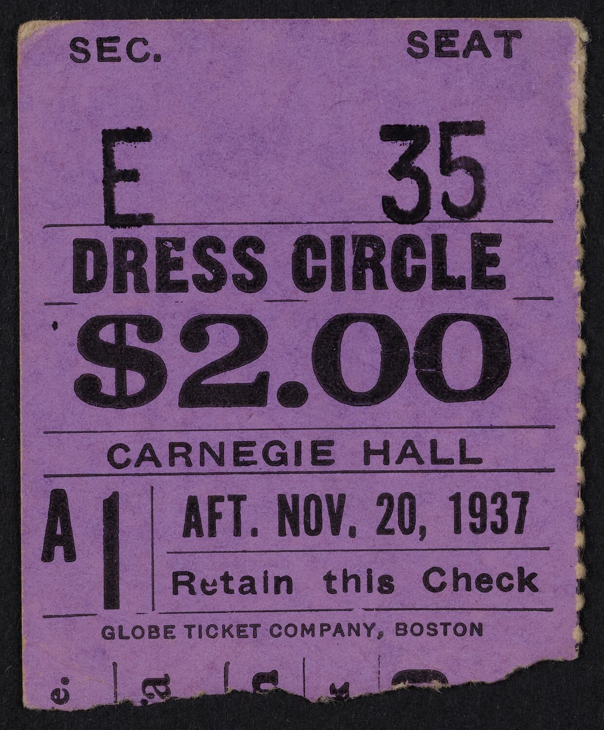 Ticket for Boston Symphony Orchestra, November 20, 1937 (front)