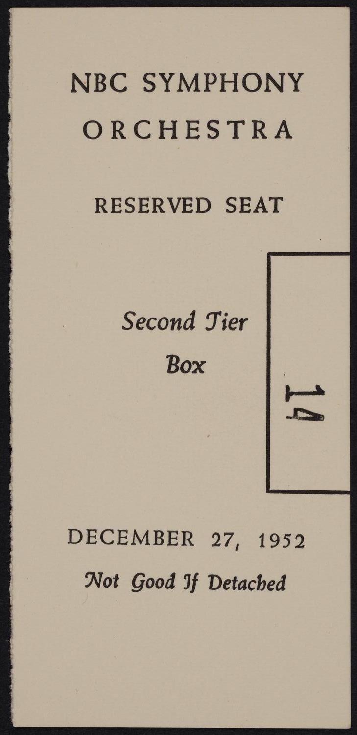 Ticket for NBC Symphony Orchestra, December 27, 1952 (front)